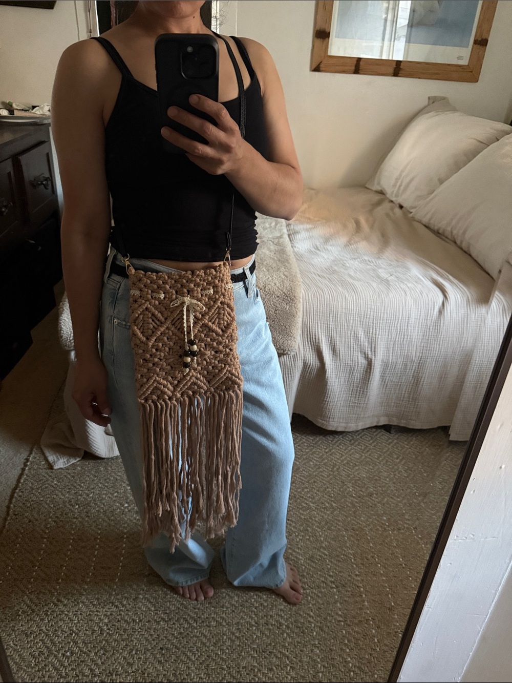Boho Handwoven Macramé Crossbody Bag - Tan - Picture 13 of 15